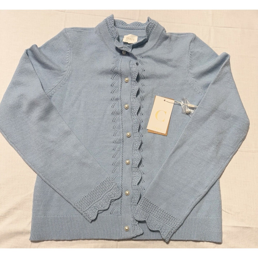 NWT Cyrus Pointelle‎ Scalloped Cardigan Sweater Pearl Button Arctic Blue M